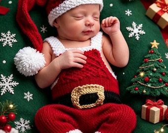 Conjunto de traje de Papá Noel para bebé tejido a crochet, pelele y gorro navideños para recién nacidos, accesorio hecho a mano para fotos navideñas.