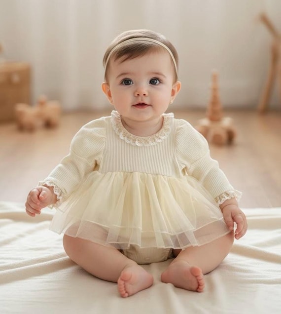 Cream Tulle Baby Romper Dress – Holiday Photo Outfit (6–9M)