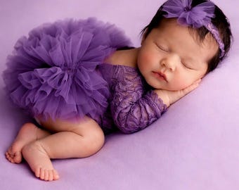 Conjunto de pelele con tutú de encaje morado para recién nacido con diadema. Talla: Recién nacido
