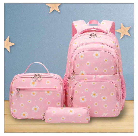 Pink Daisy Backpack Set – 3PC School Bundle (backpack, Lunch 
