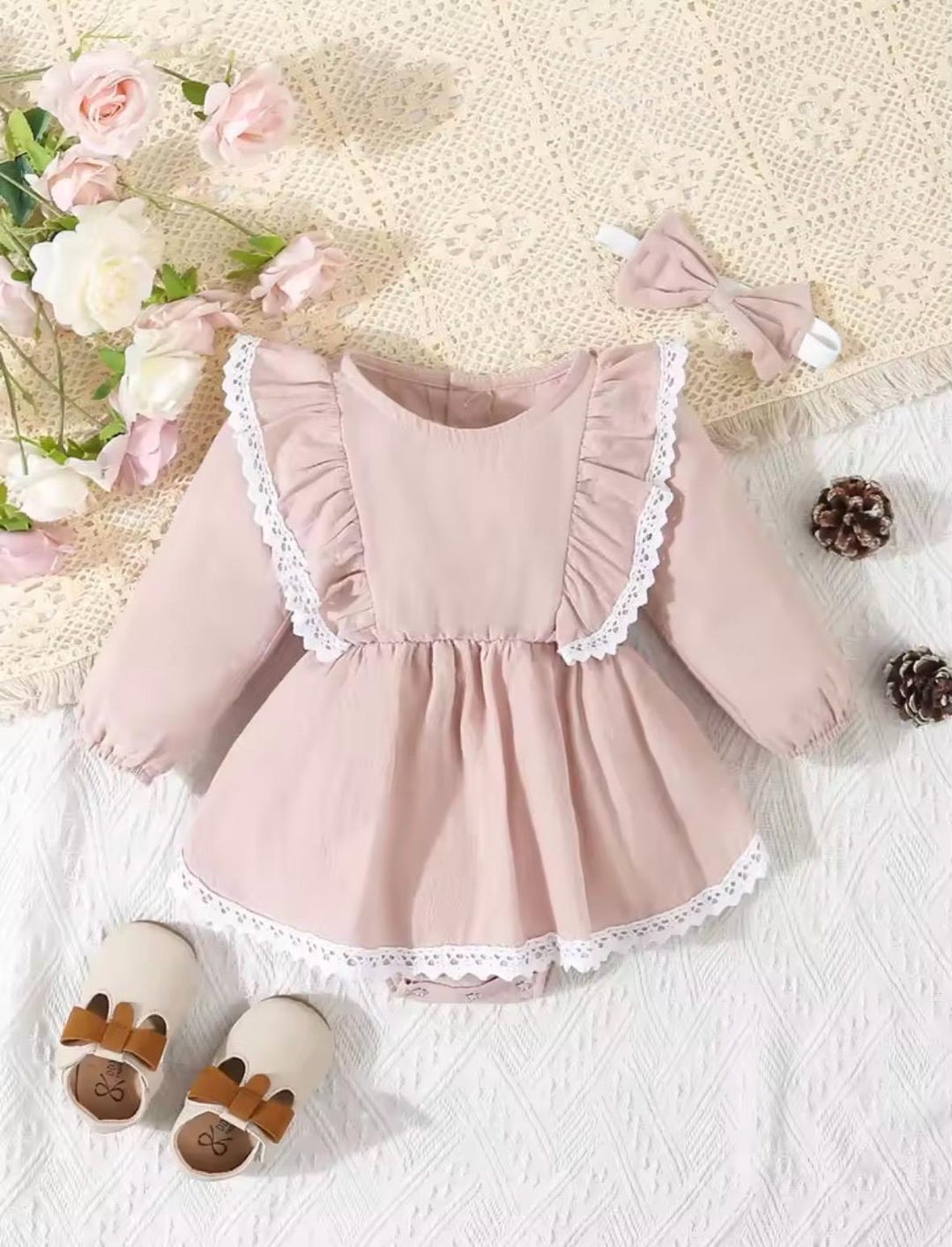 Dusty Pink Ruffle Baby Romper Set: Lace Trim, Bow Headband. Size 1-3M ...