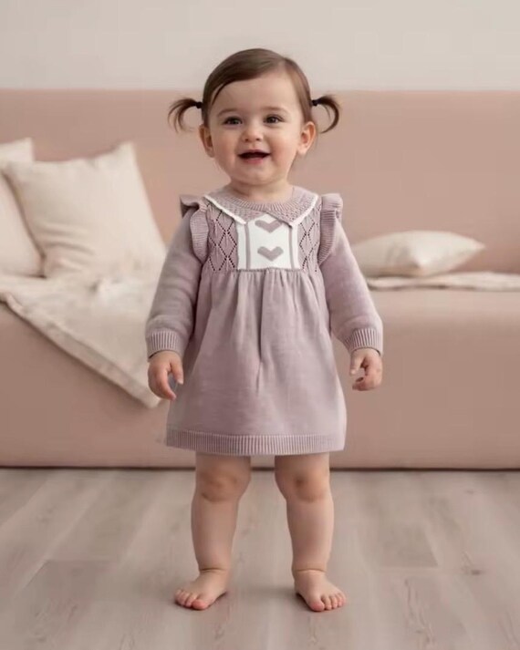 Knit Baby Dress With Heart Detail Mauve (69M) - Etsy Israel Knit Baby Dress With Heart Detail Mauve (69M) - Etsy Israel