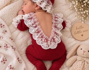 Burgundy Lace Romper & Bonnet Set, Deep V Open Back, Vintage Newborn Photo Outfit