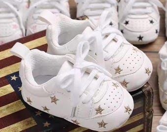 White Baby Sneakers: Gold Star Embroidered Soft Sole Crib Shoes