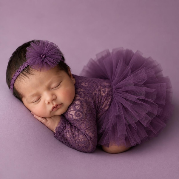Purple Lace Newborn Romper with Tulle Ruffle & Headband | Baby Girl Photography Outfit