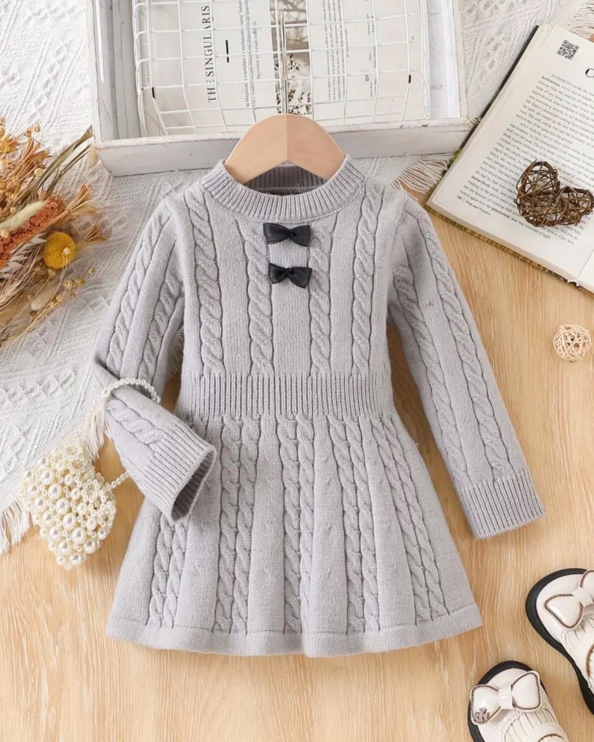 infant cable knit sweater dress Gray Knit Baby Sweater Dress – Cable Knit, Bow Detail (9–12 Months)