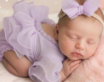 Pelele de bebé recién nacido con volantes color lavanda, conjunto para sesión de fotos, body de encaje y tul, accesorio de fotografía para bebé niña