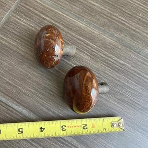 2 Vintage Porcelain Door Knob Handle Brown Marble 2 Knobs with Stem