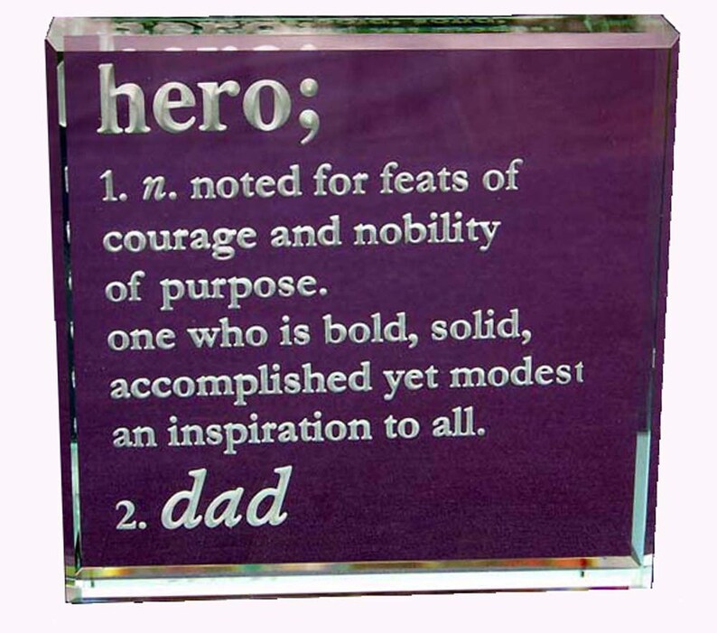 Dictionary Definition of Hero / Dad, Hand Etched Glass Paperweight Etsy