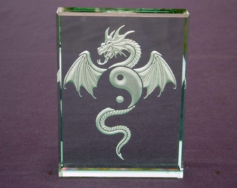 Ying Yang Dragon 2 Hand Etched Glass Paperweight