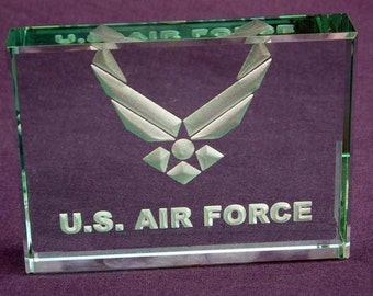 U.S. Air Force: Hand Carved Etched Glass Paperweight
