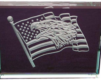 U.S. Flag and Eagle. Hand Carved Etched Glass Paperweight