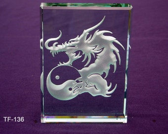 Yin Yang Dragon Hand Etched Glass Paperweight