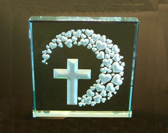 Crystal Etch Cross with Hearts: Hand Carved Etched Glass Paperweight