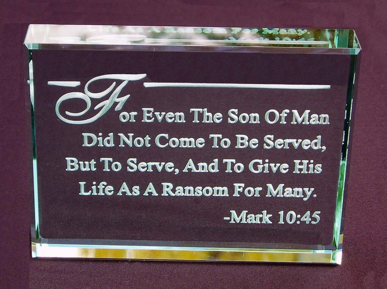 Glass Paperweights Scripture Mark 10:45 Bible Verse, Hand Etched Glass Paperweight - Etsy