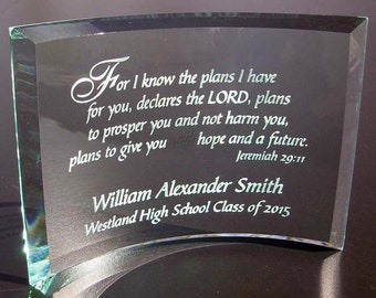 Personalized Graduation Plaque, Jeremiah 29 11 Beveled Glass Crescent