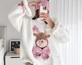 Conjunto de suéter de reno tejido a mano y gorro rosa, prendas de punto grueso para Navidad.