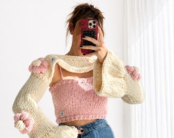 Hand Knit Bolero & Crop Top Set, Floral Crochet Sweater, Cottagecore Outfit, Handmade Two Piece Knitwear, Gift for Her