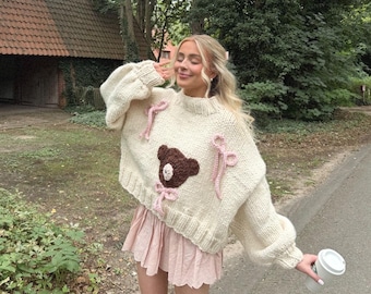Hand Knit Teddy Bear Sweater with Powder Pink Bows, Chunky Oversized Coquette Pullover MommKnitting