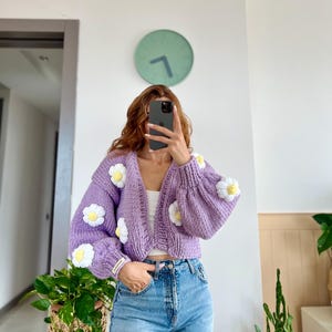 Leilayca Purple Roses Cardigan , Chunky Cropped Cardigan for Woman