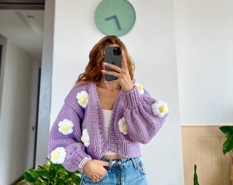Oversized Chunky Knit Cardigan – Handmade Lilac Floral Wool Sweater – Puffy Sleeve Cozy Winter Knitwear