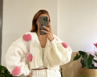Pink Heart Cardigan, White Chunky Knit Cardigan, Oversized Knit Sweater, Cute Aesthetic Cardigan, Soft Girl Outfit, Gift for Her