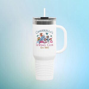 Cinderella&#39;s Sewing Club Insulated Travel Mug, Cute Gift for Crafters, Perfect for Road Trips, Personalized Beverage Tumbler