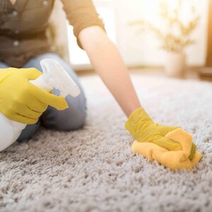 May include: A white plastic spray bottle and a yellow cleaning cloth being used on a light gray shaggy carpet. The cleaning process involves bright yellow rubber gloves worn to protect the skin while scrubbing the textured rug surface.