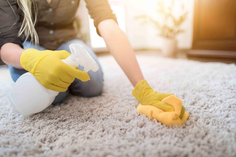 May include: A white plastic spray bottle and a yellow cleaning cloth being used on a light gray shaggy carpet. The cleaning process involves bright yellow rubber gloves worn to protect the skin while scrubbing the textured rug surface.