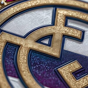 May include: A circular emblem featuring a gold crown with white pearls atop a crest. The design includes a gold letter M intertwined with a blue and white circular frame, set against a textured background with deep purple and white accents.