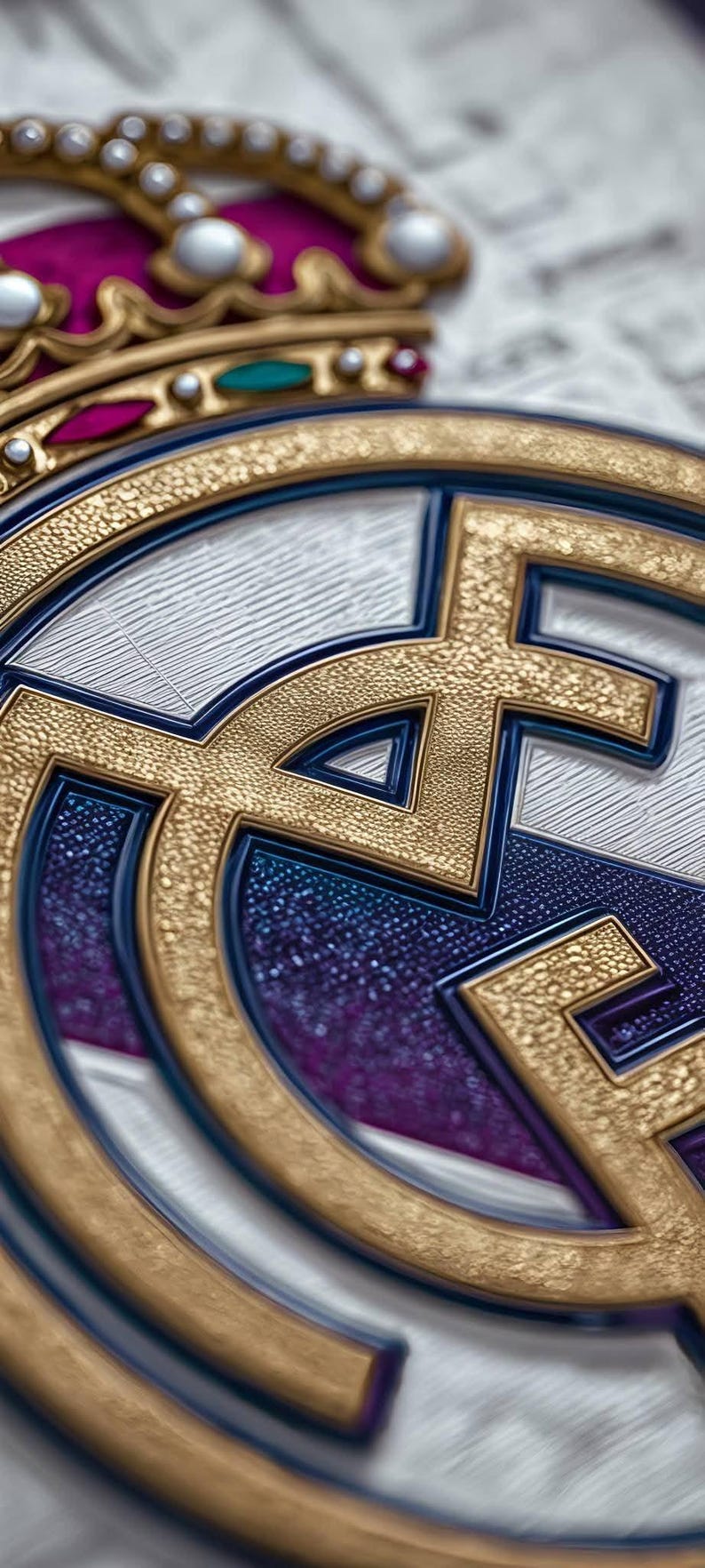 May include: A circular emblem featuring a gold crown with white pearls atop a crest. The design includes a gold letter M intertwined with a blue and white circular frame, set against a textured background with deep purple and white accents.