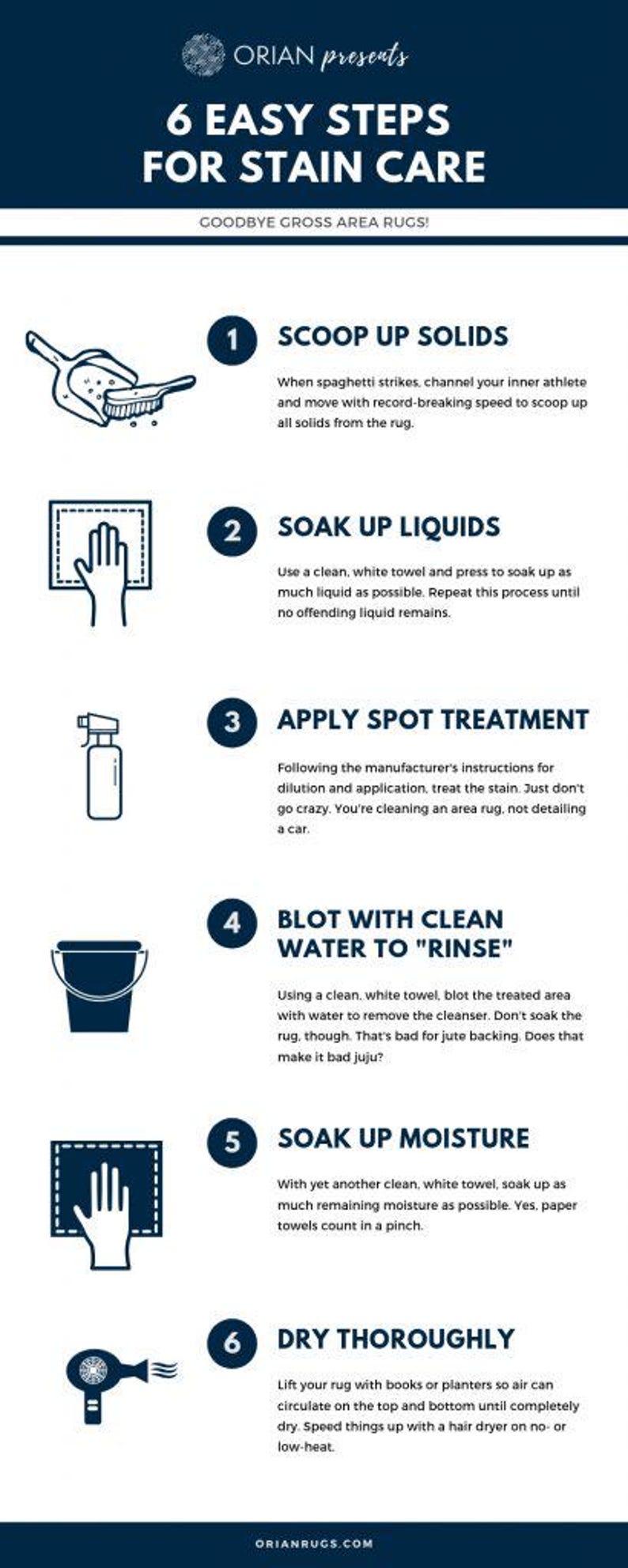 May include: An infographic titled Orian presents 6 Easy Steps for Stain Care, Goodbye Gross Area Rugs. It lists six numbered steps with icons: scoop solids, soak liquids, apply spot treatment, blot with water, soak moisture, and dry thoroughly.