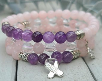 Crystal Bracelets Trio - Amethyst + Rose Quartz - Breast Cancer Awareness Hope Charm - Stacking