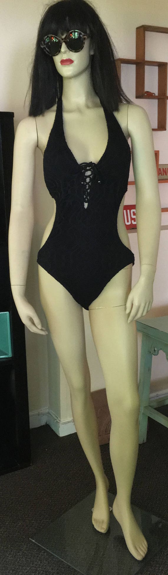 black halter top one piece bathing suit