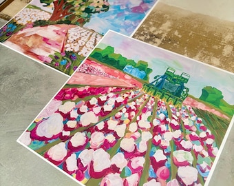 Colorful Farm Life Art Print, Southern Cotton Field Painting, Grandmillennial Style Square Print