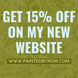 May include: A square graphic with an olive green background featuring a subtle, repeating floral line art pattern. Large, bold, light blue text reads GET 15% OFF ON MY NEW WEBSITE. Below, a dark olive rectangle contains the white text WWW.PAINTEDBYROM.COM.