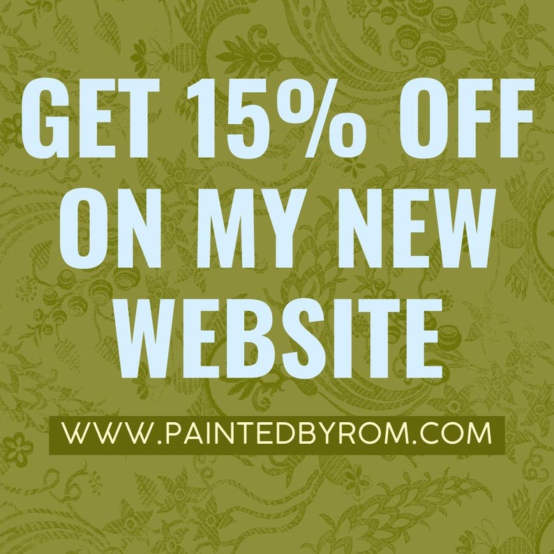 May include: A square graphic with an olive green background featuring a subtle, repeating floral line art pattern. Large, bold, light blue text reads GET 15% OFF ON MY NEW WEBSITE. Below, a dark olive rectangle contains the white text WWW.PAINTEDBYROM.COM.