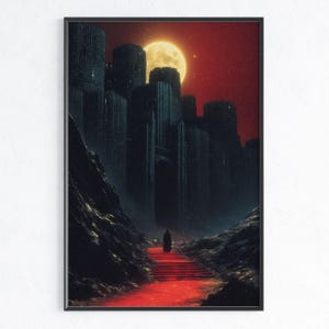 Dark Fantasy Schloss – Gothic Blutmond Kunstdruck – Mittelalterliche Festung Illustration – Rote Nacht Horror Kunst Dekor