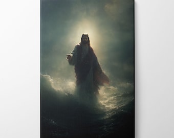 May include: A canvas print depicting a figure in flowing robes standing in turbulent water. The figure is illuminated by a bright light, creating a dramatic contrast with the dark, stormy background. The artwork evokes a sense of spirituality and power.