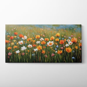 Wildflower Meadow Panorama Art: Cottagecore Canvas Print, Framed Option