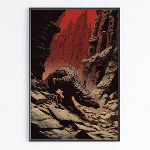 Peut inclure: Impression artistique encadrée représentant une scène de dark fantasy. Une créature reptilienne aux yeux rouges et aux nageoires dorsales épineuses rampe sur un terrain rocheux. Une ville rouge imposante et menaçante se profile en arrière-plan.