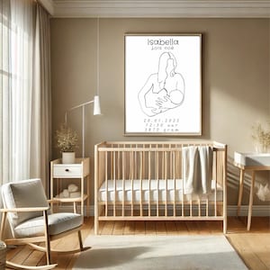 Póster de nacimiento de lactancia materna, ilustración para habitación de bebé, línea fina personalizada