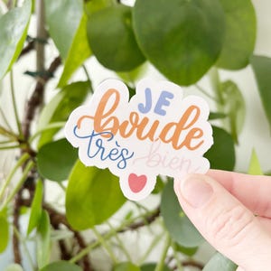 Peut inclure: Un autocollant avec la phrase "Je boude très bien" en orange, bleu et rose, avec un petit cœur rouge. L'autocollant est tenu devant une plante verte à feuilles rondes.