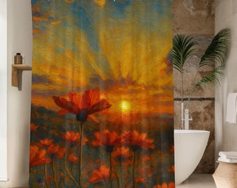 Rideau de douche pour salle de bain coucher de soleil pictural | Coup de pinceau au coucher du soleil