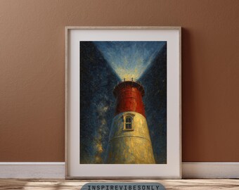 Coastal Lighthouse Print | Starry Night Seascape Wall Art (Digital Download)