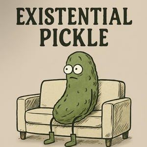 May include: Illustration of a pickle character sitting on a beige couch with the text "EXISTENTIAL PICKLE" above. The pickle has a worried expression and is wearing boots. The background is a solid beige color.