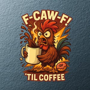 May include: A cartoon illustration of an angry rooster holding a coffee mug with the text "F-CAW-F!" above and "'TIL COFFEE" below. The rooster is brown with a red comb and wattle, and the coffee is spilling out of the mug. A donut is next to the rooster.