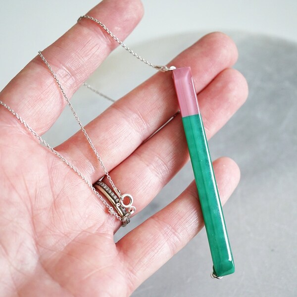 Colorblock Necklace in green and pink fused glass -  colourful minimalist silver necklace