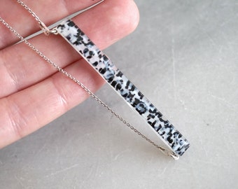 Fused Glass Speckled Necklace in SILVER AND GLASS - Black and white speckled minimal necklace