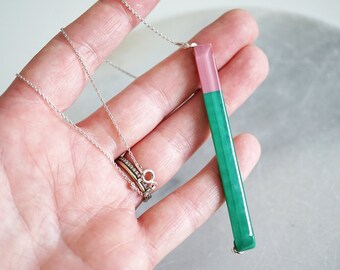 Colorblock Necklace in green and pink fused glass -  colourful minimalist silver necklace